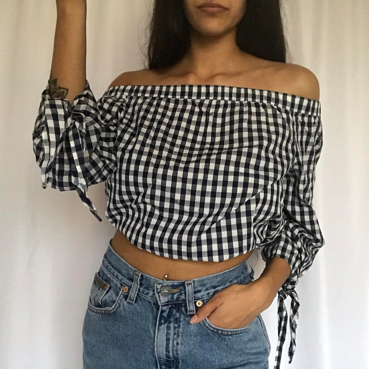 whimsy gingham off shoulder top