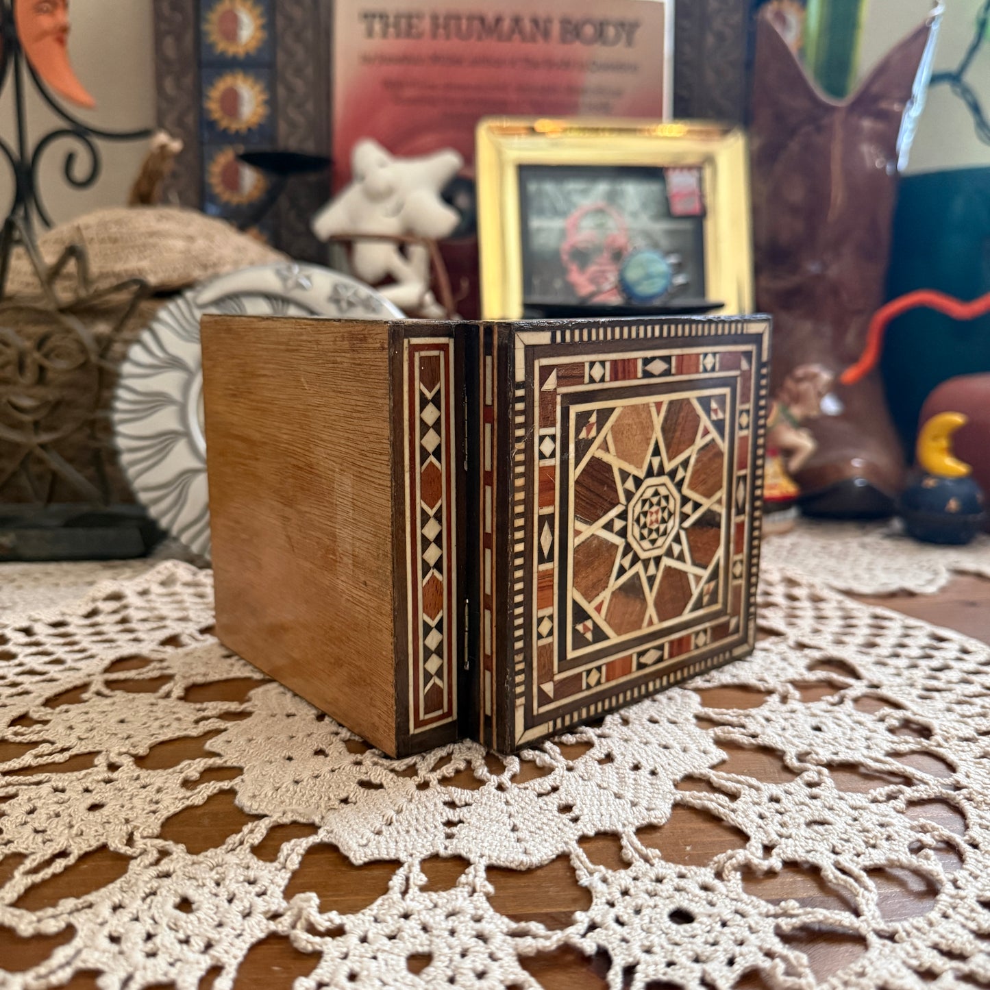 unique vintage whimsical celestial sun wood folk art box