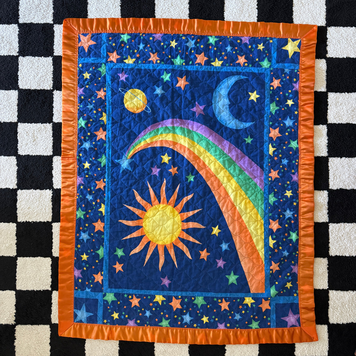 unique handmade vintage whimsical celestial sun moon stars quilt blanket