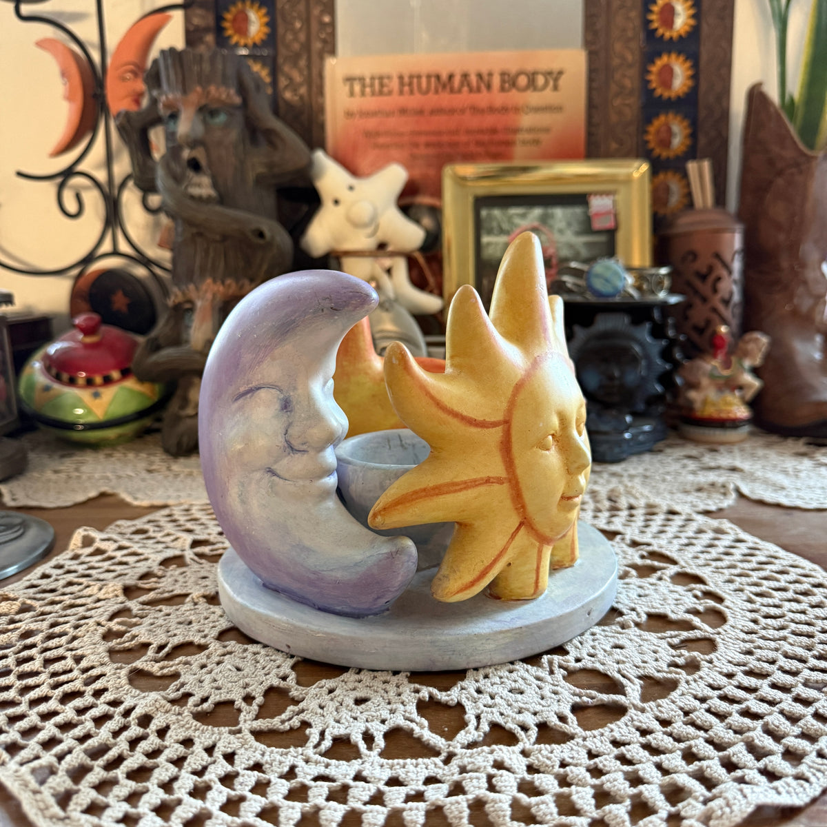 unique vintage whimsical celestial sun moon star candle holder