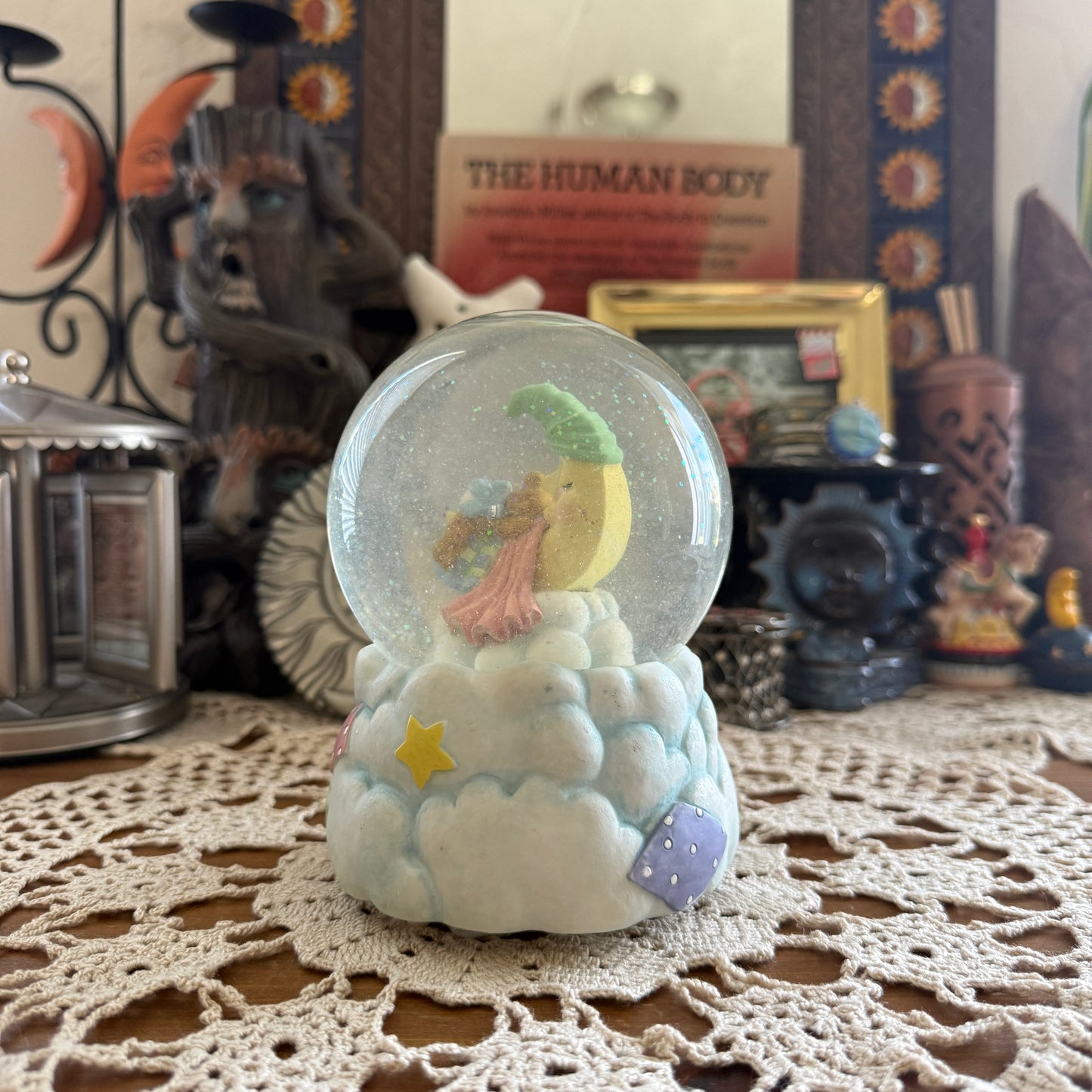 unique vintage whimsical celestial moon stars snow globe music box