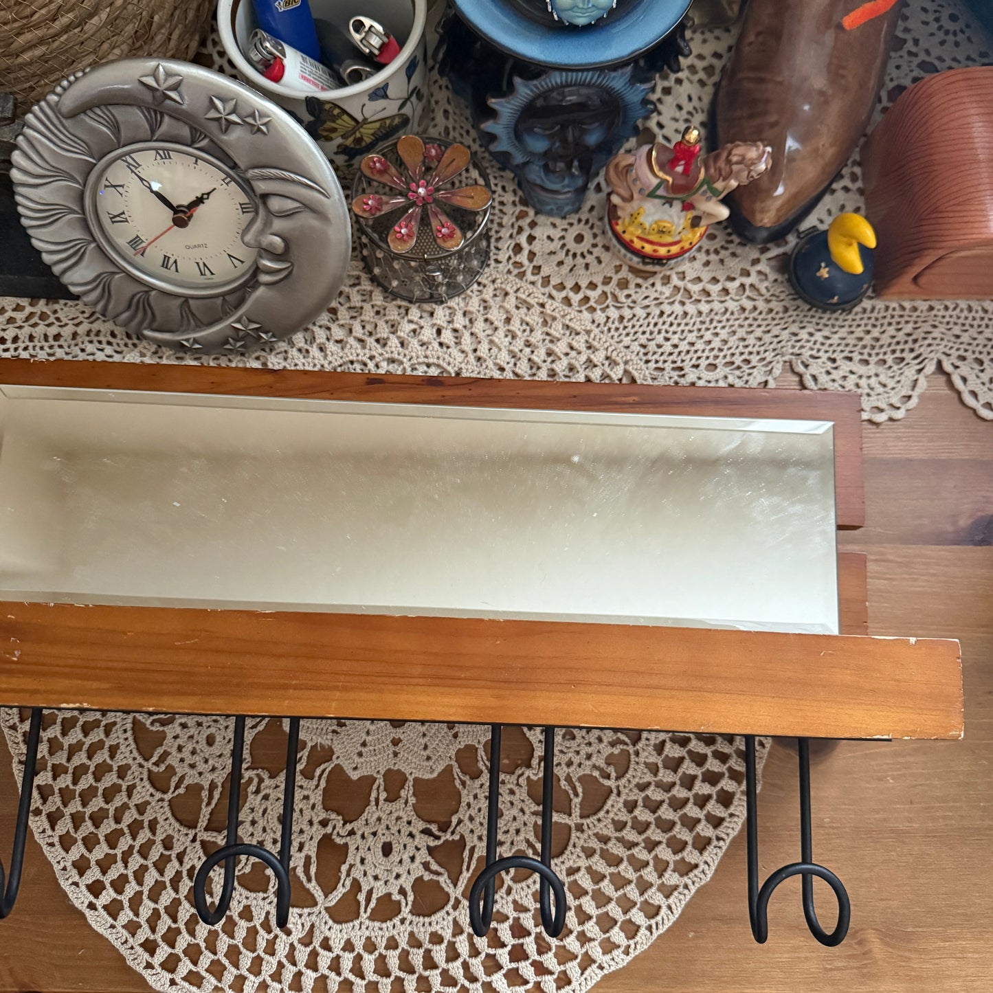 unique vintage whimsical wooden mirror wall shelf