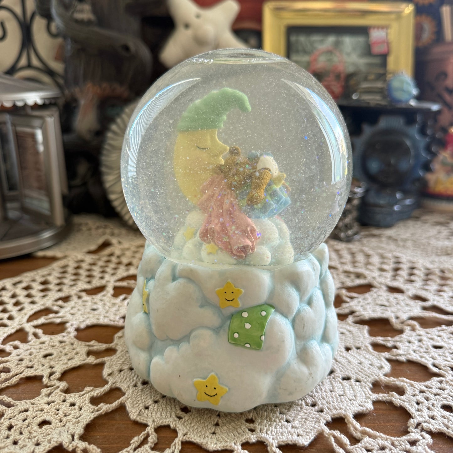 unique vintage whimsical celestial moon stars snow globe music box
