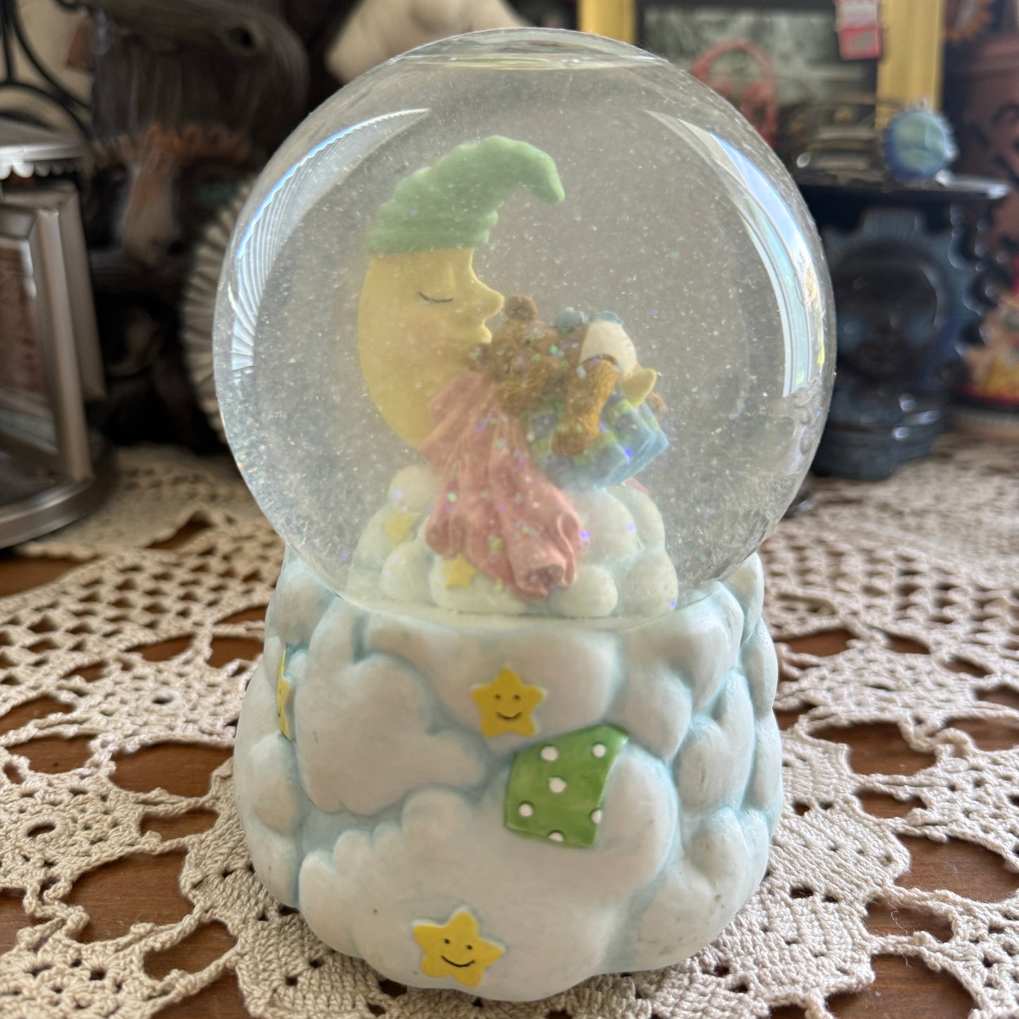 unique vintage whimsical celestial moon stars snow globe music box