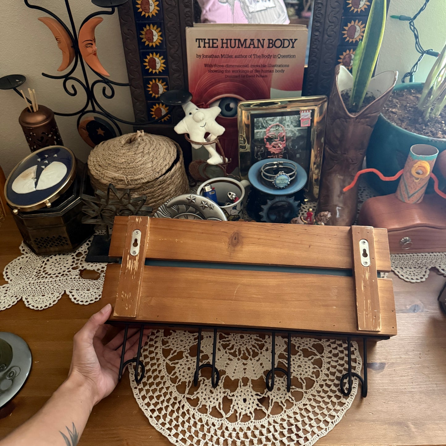 unique vintage whimsical wooden mirror wall shelf