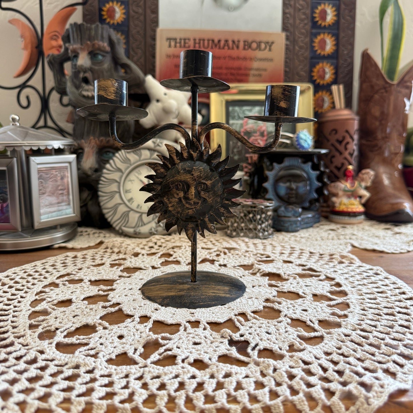 unique vintage whimsical celestial sun candle holder