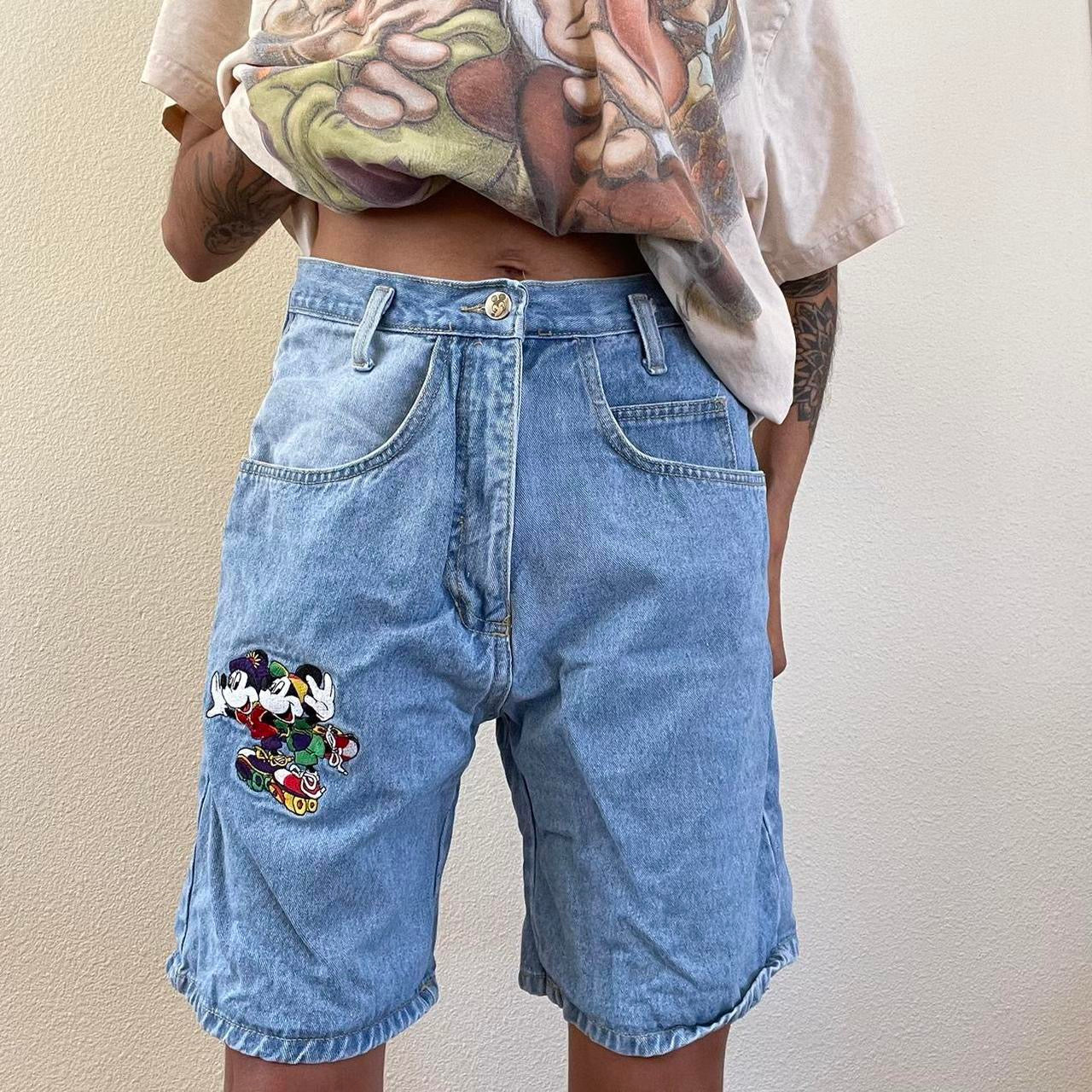 embroidered bermuda high waisted denim shorts