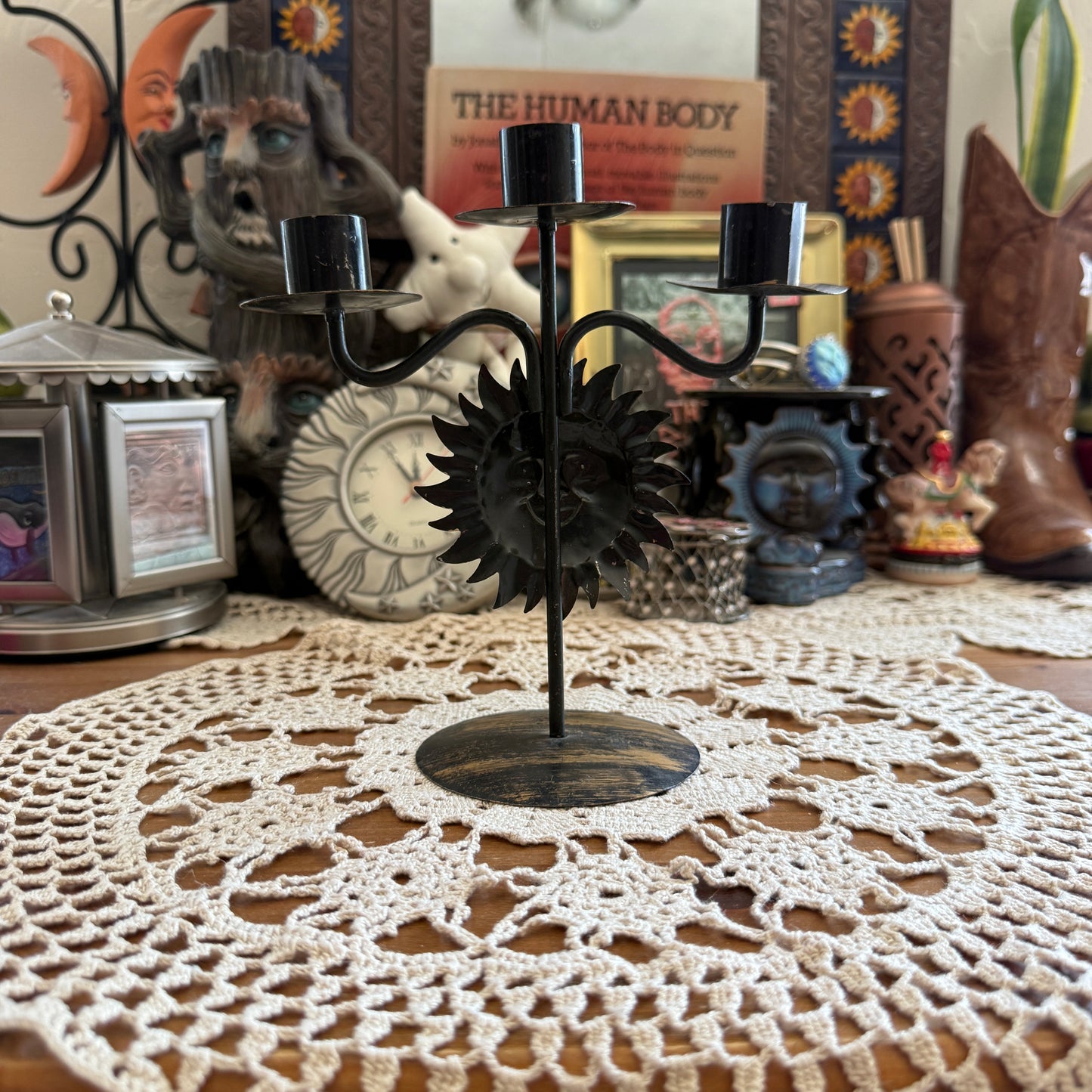 unique vintage whimsical celestial sun candle holder