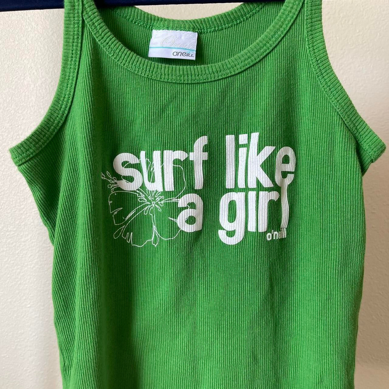 ribbed “surf like a girl” graphic tank top