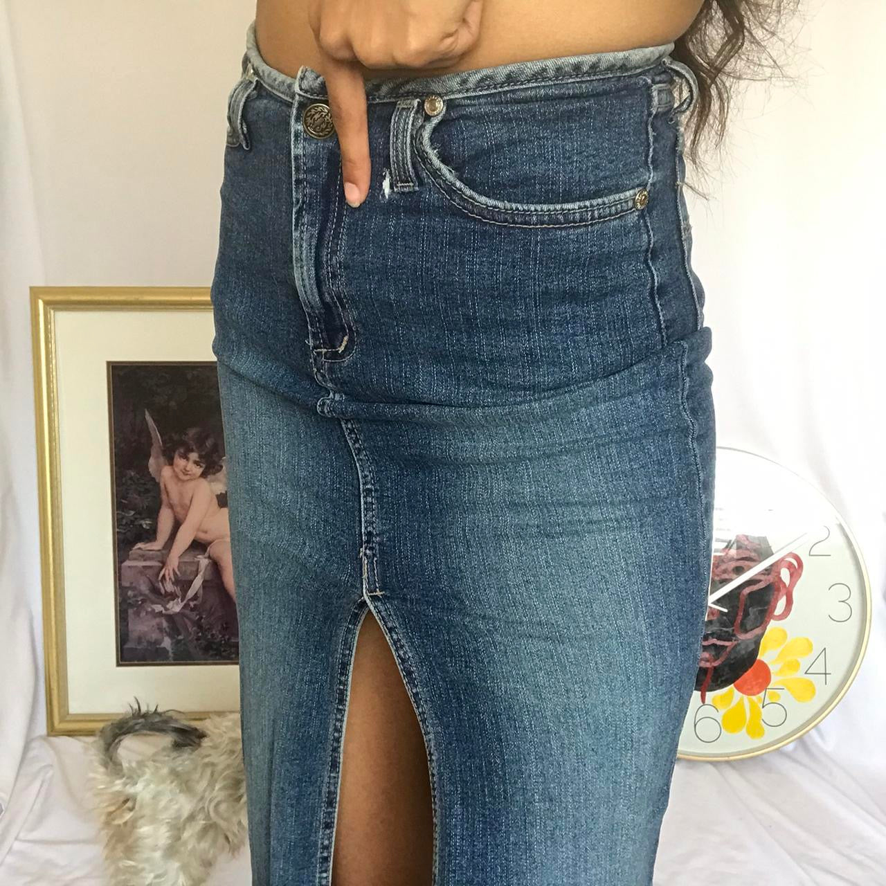 high waisted denim midi skirt