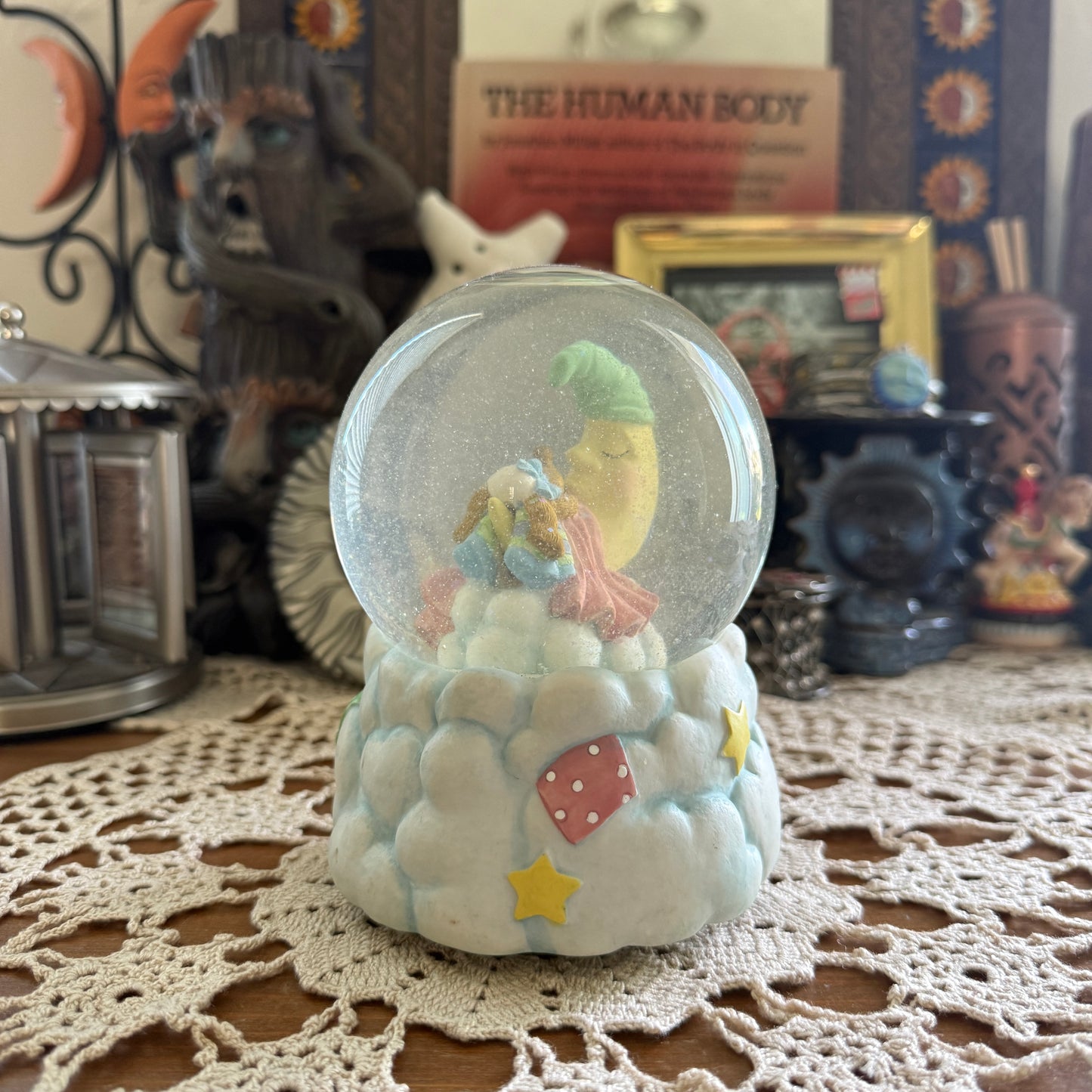 unique vintage whimsical celestial moon stars snow globe music box