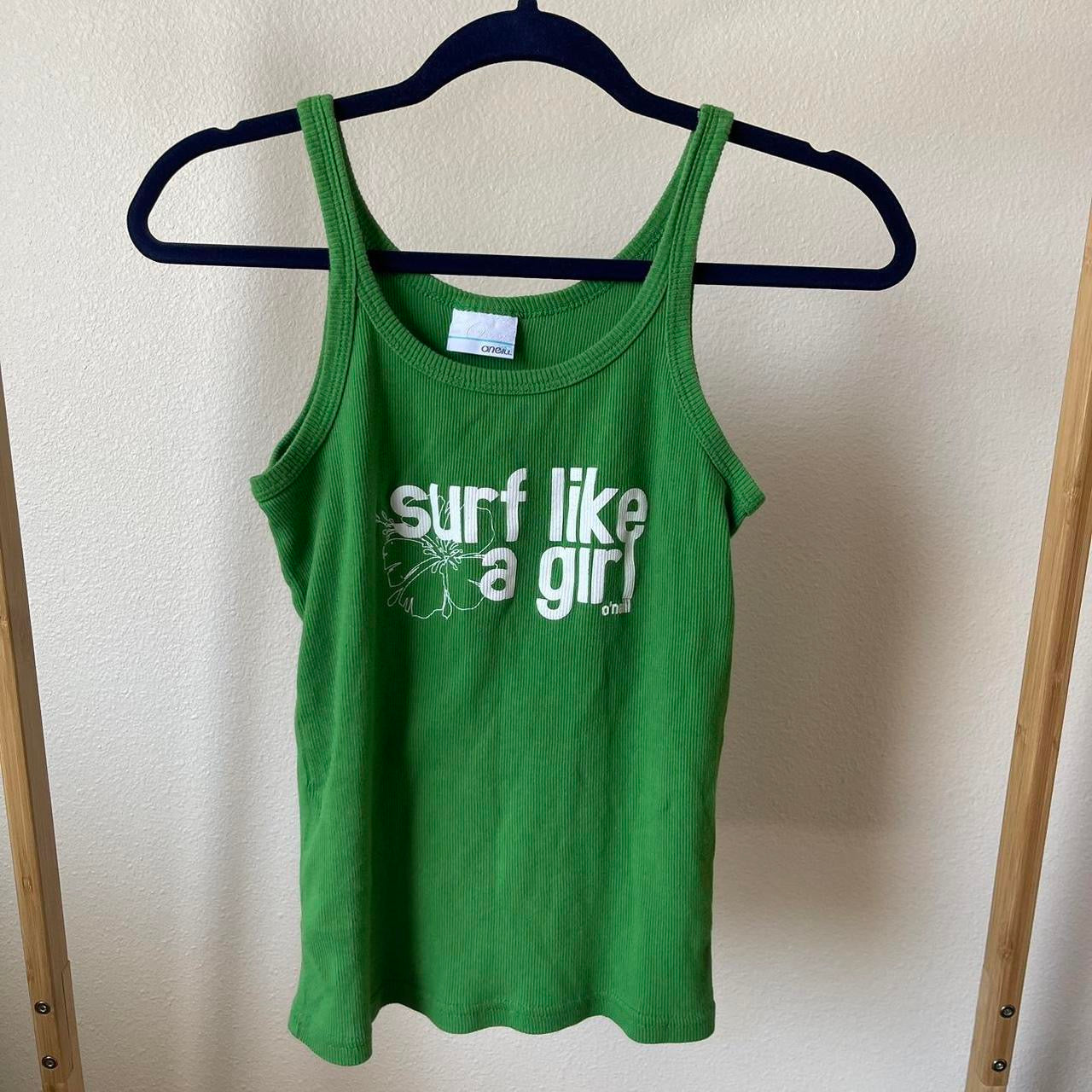 ribbed “surf like a girl” graphic tank top