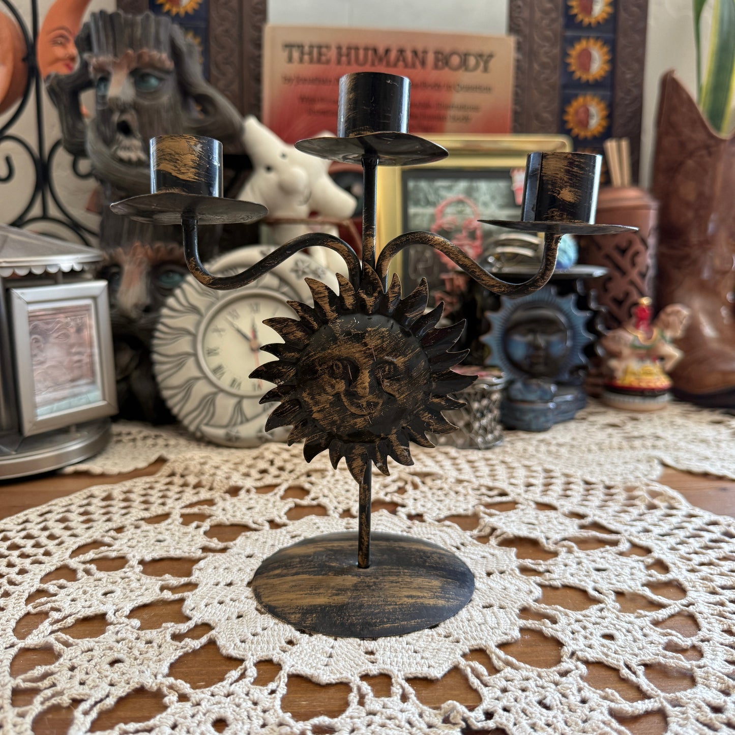 unique vintage whimsical celestial sun candle holder