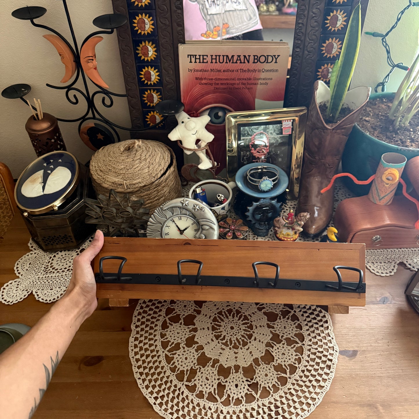 unique vintage whimsical wooden mirror wall shelf