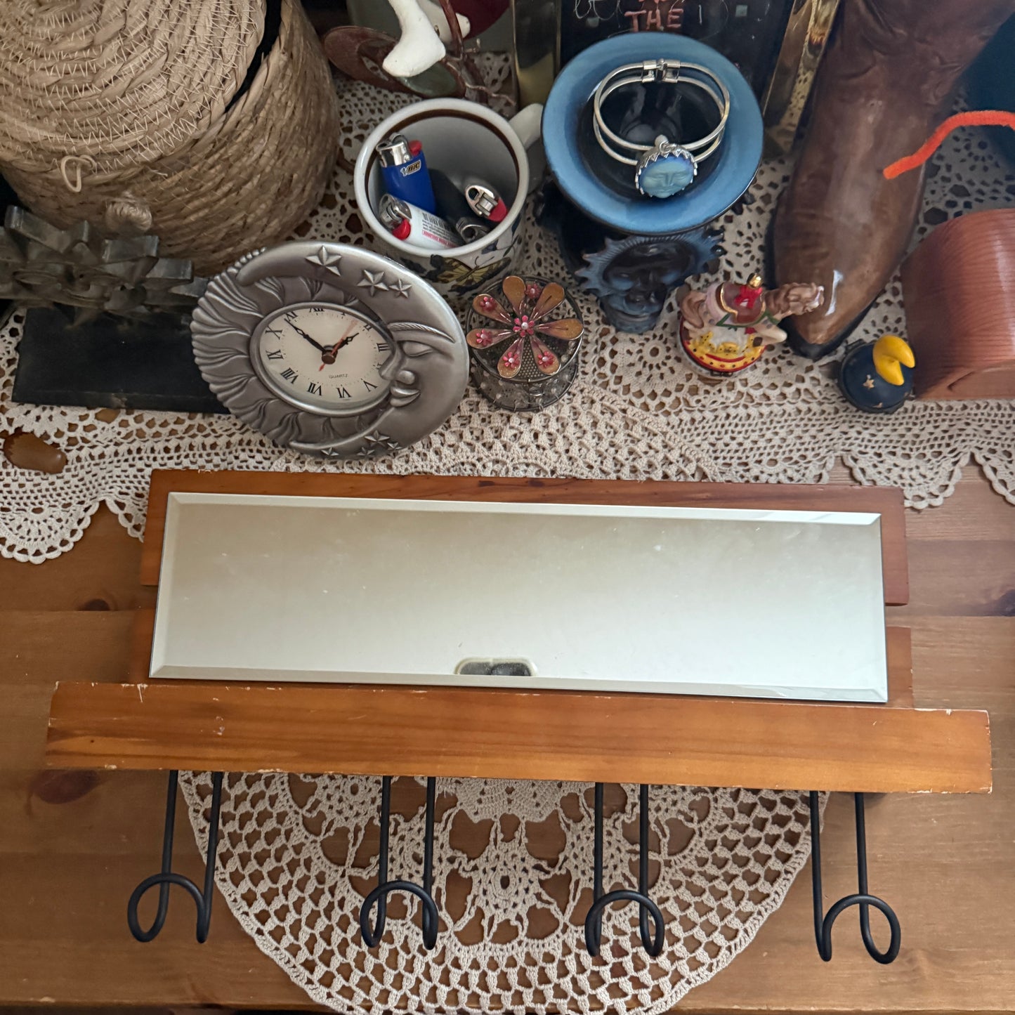unique vintage whimsical wooden mirror wall shelf