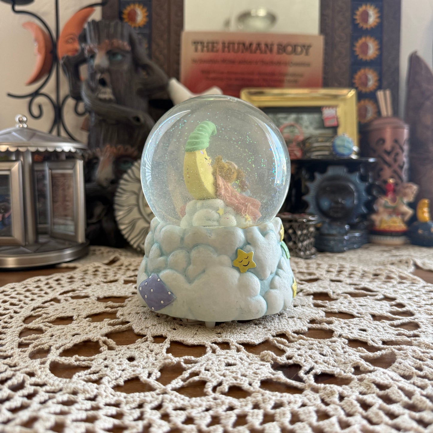 unique vintage whimsical celestial moon stars snow globe music box